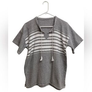 Mexican Handmade Woven Gray and White Striped Short Sleeve Top, Men’s, Small
